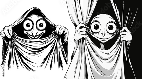фотографія Creepy hooded monster peeking through fabric, eerie wide-eyed creature vector il