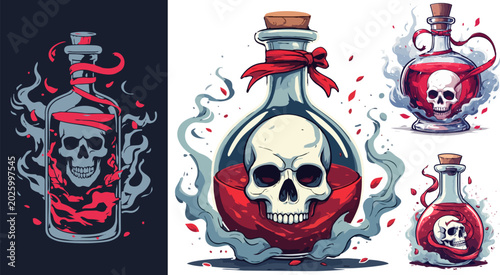 Tableau sur toile Gothic poison potion bottle vector set, spooky skull inside glass flask with red
