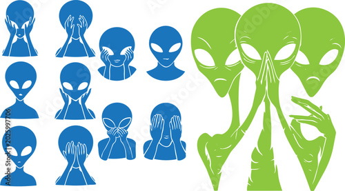 Quadro su tela Alien head vector set with extraterrestrial character icons, blue and green mart