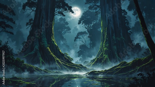 Magical Forest Cave Watercolor Background with Mystical Light Rays.