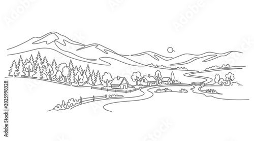 Continuous line drawing of a peaceful mountain village landscape.