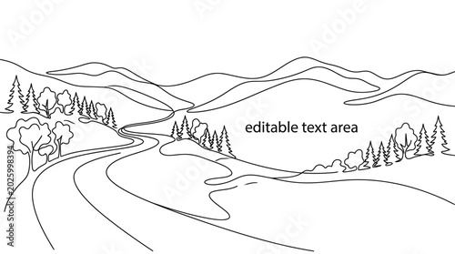 Continuous line drawing of a serene mountain landscape with a winding road.