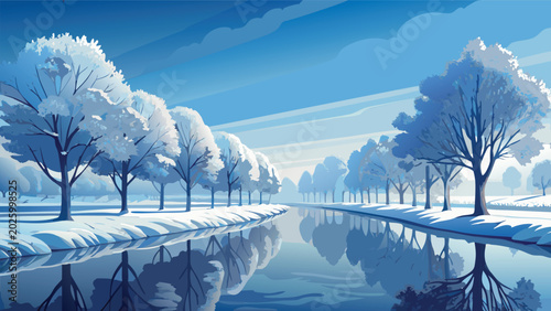 Obraz na płótnie Beautiful winter landscape with snow covered trees reflected in a calm river at