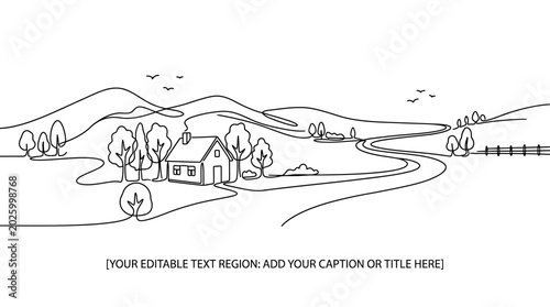 Minimalist continuous line drawing of a peaceful countryside cottage landscape.