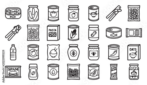 Canned food and packaged grocery products icons with packaging, container