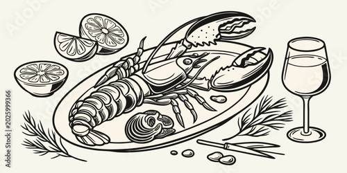 Foto Lobster platter illustration with lemon slices fresh herbs and glass of white wi