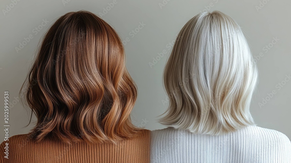 Naklejka premium Dual portrait of contrasting brunette and platinum bob hairstyles