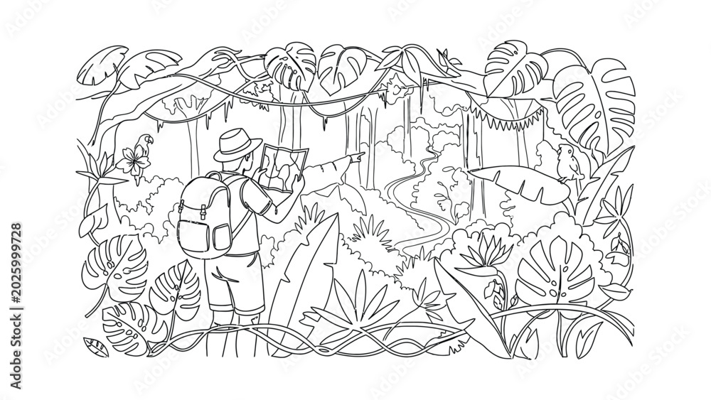 Obraz premium Line art illustration of a traveler exploring a dense jungle.