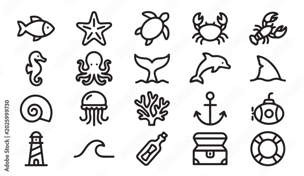 Fototapeta premium Marine life and nautical adventure thin line icons with nautical, wildlife