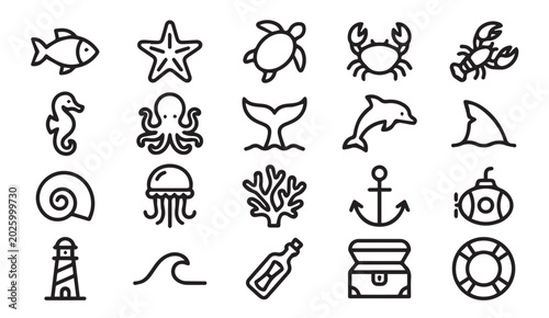 Foto Marine life and nautical adventure thin line icons with nautical, wildlife