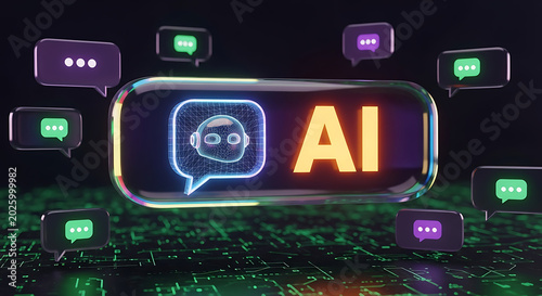Artificial intelligence chatbot concept featuring glowing AI text and message bubbles with robot avatars on a digital circuit board artificial intelligence technology communication automation