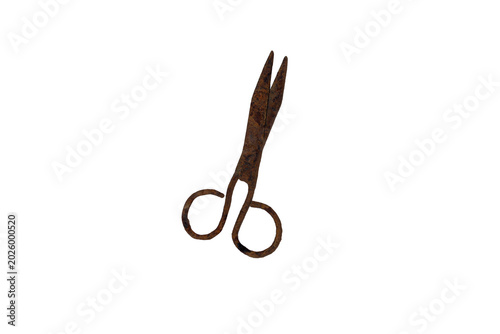 Antique rusty scissors isolated on a white background, showing signs of age and wear