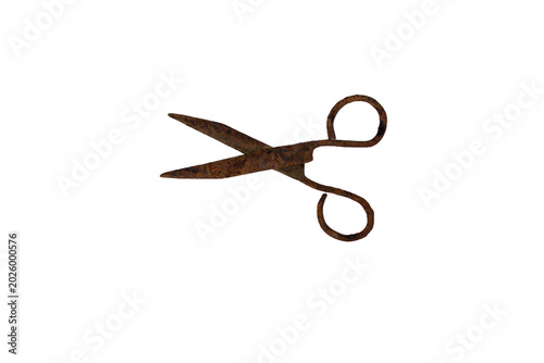 Antique rusty scissors isolated on a white background, showing signs of age and wear
