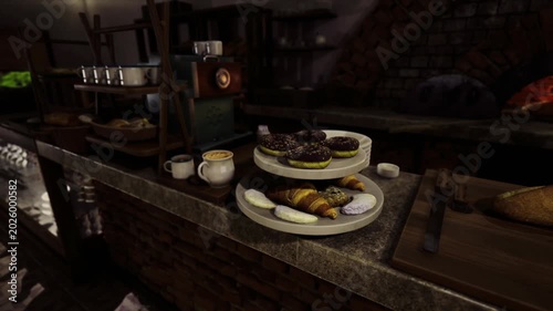 Donut and croissant tower counter, two tier composition on ceramic plate, warm ambient lighting, wicker shelf background, vintage bistro mood, menu photography