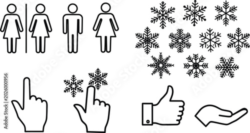 Bilde på lerret Minimalist outline icon set featuring restroom gender signs, hand gestures, clicking pointers, snowflakes, thumbs up, and palm vector elements