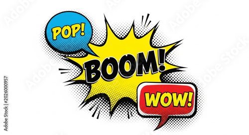 Fotografia Comic Book Style Sound Effects Pop Boom Wow.