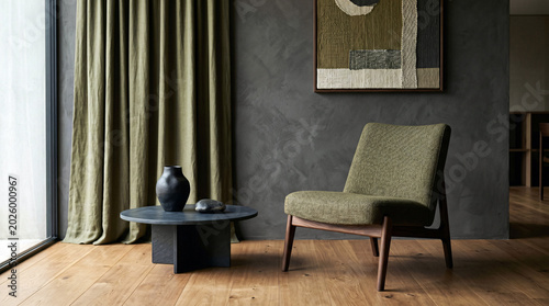 Restrained interior composition with intentional arrangement and visual hierarchy, wooden earthy accents