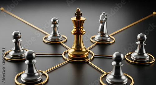 Leadership concept with a golden king chess piece central to silver pawns leadership strategy management business teamwork influence connection corporate hierarchy decision planning
