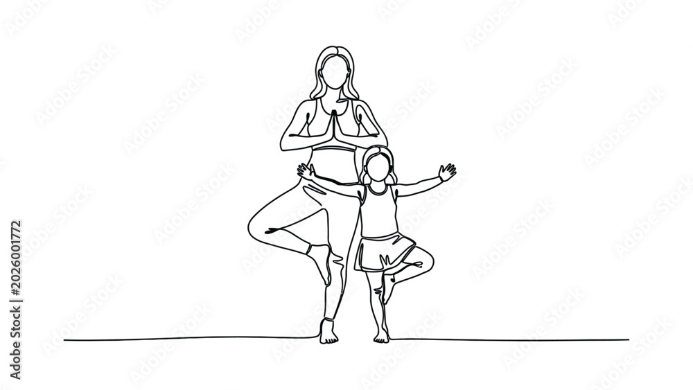 Fototapeta premium Continuous line drawing of mother and child practicing tree pose yoga.
