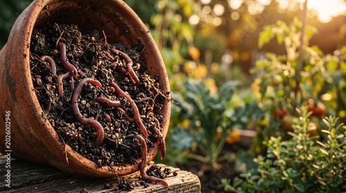 Terracotta compost pot overflowing with rich dark decomposed soil and red earthworms
