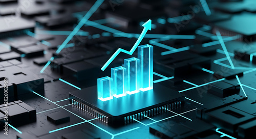 Abstract financial chart with growth arrow on digital circuit board background technology business investment electronic information analysis marketing statistics management performance