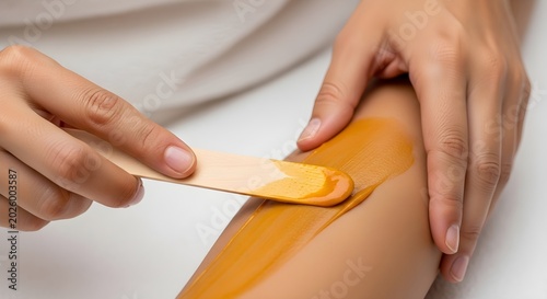 A beauty specialist applies warm depilatory wax to a leg using a wooden spatula, part of a professional treatment for smooth skin