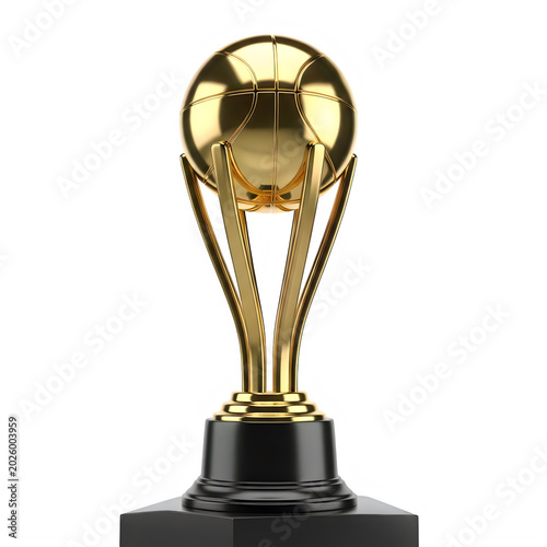 A golden trophy cup with two handles standing on a black base. isolated on white background