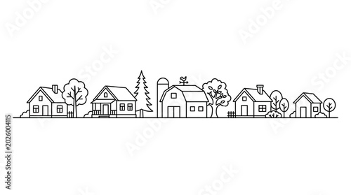 Minimalist hand drawn farm village line art illustration.