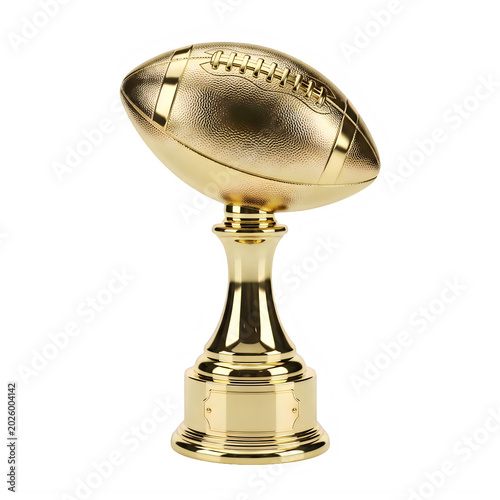 Gold trophy with football on stand isolated on white background