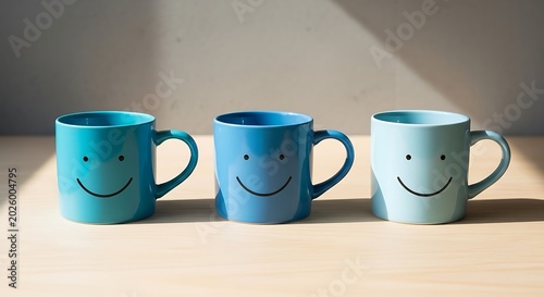 Three smiling mugs in different shades of blue