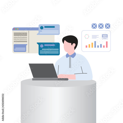 Male programmer working on laptop with data charts and chat vector