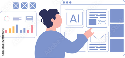 Woman analyzing AI interface data and digital dashboard vector illustration