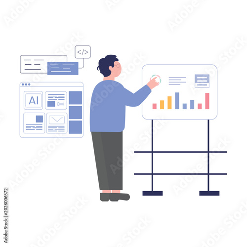 Businessman presenting financial data and analytics charts on whiteboard vector