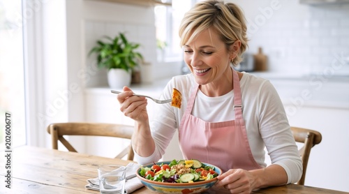 Mature woman eating a fresh vegetable salad in a bright kitchen. Happy middle aged female in an apron having a healthy lunch. Wellness and nutrition for seniors