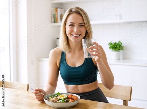 Fit young woman drinking water and eating a healthy meal in a bright kitchen. Smiling female in activewear with a bowl of fresh salad and avocado. Fitness and nutrition lifestyle