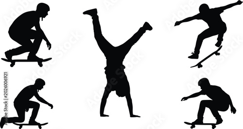 Tableau sur toile Skateboarder and breakdancer silhouette collection featuring active youth perfor
