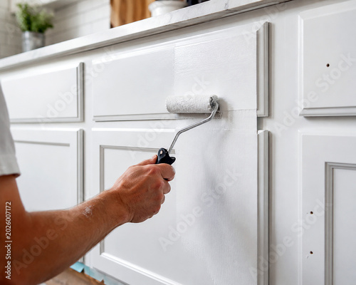 Painting Kitchen Cabinets White with Roller for Home Renovation