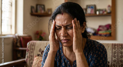 Indian Hindu Woman Suffering from Headache and Migraine Pain at Home – Unwell Frustrated Female Holding Head with Stress