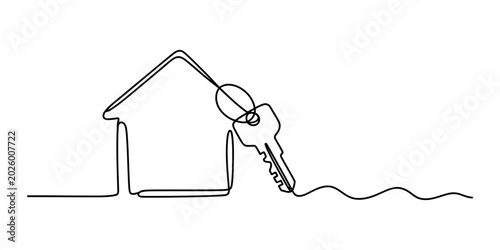 Continuous single line drawing of a house shape and a door key representing home ownership and property investment as a simple minimalist graphic design Vector, illustration