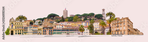 Cannes, France. Panoramic view of the castle and historical buildings of the old town - collage