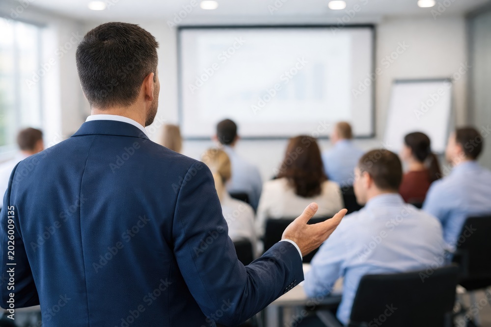 Fototapeta premium Businessman in a dark suit giving a presentation to a group of employees in a bright office conference room with a projection screen in the background