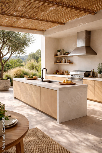 Mediterranean Kitchen Oasis: An open-air kitchen with natural wood cabinetry and a stone island is bathed in warm sunlight, featuring a rustic ceiling and a picturesque view of rolling hills.