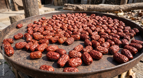 Dried Jujube Fruits on Metal Plate Under Sun – Traditional Red Dates Sun Drying Process and Organic South Asian Fruit Snack