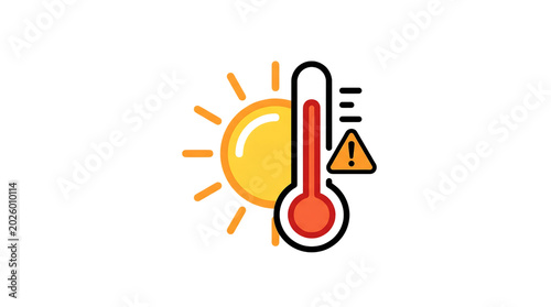 Vector illustration of a sun and a thermometer indicating high temperature with a warning sign, symbolizing heatwave and climate change.