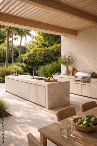 Outdoor Luxury Kitchen: A modern, open-air kitchen designed with a sleek concrete island, built-in grill, and comfortable dining area, surrounded by lush tropical greenery and bathed in soft sunlight.