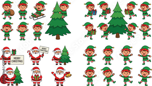 Schilderij op canvas Cute Christmas Elf and Santa Cartoon Character Collection Featuring Holiday Help