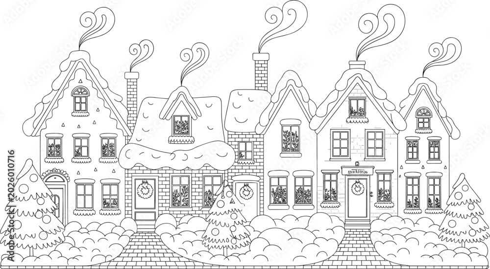 Fototapeta premium Christmas Village Houses Coloring Page Line Art Vector with Snow Covered Roofs and Winter Town Buildings for Holiday Activity Designs