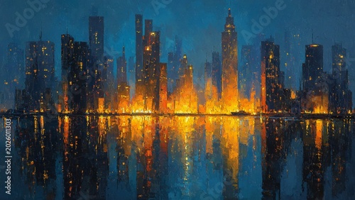 A dark night city in Oil Painting style, featuring warm sunset color palette, against a navy blue background, with golden hour, professional composition