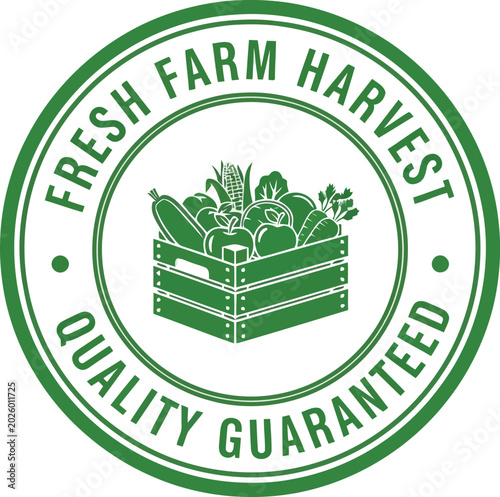 Konstfotografi Fresh farm harvest quality guaranteed seal with crate of vegetables and fruits for premium organic produce