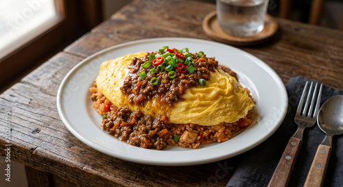 Japanese Omurice with Soft Omelette and Minced Meat Sauce – Traditional Fried Rice Topped with Eggs Chili and Scallions